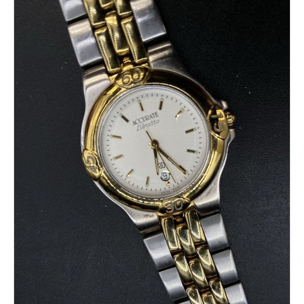Swiss Made Accurate Watch Textured Band Date Dial Stainless & Goldtone